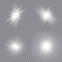 Set of bright stars. Glowing light explodes on a transparent background. Sparkling magical dust particles. Vector illustration.