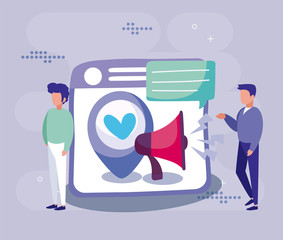 Website men and megaphone of social media concept vector design