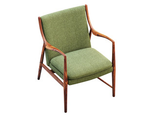 Green fabric chair with wooden legs. 3d render