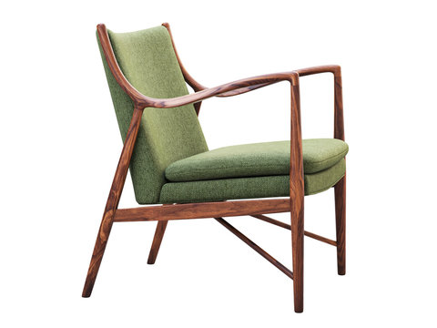 Green fabric chair with wooden legs. 3d render