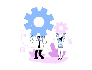 Businesspeople working around big cogwheels, teamwork on a business project. Relationship and responsibility. Business concept flat vector illustration, isolated on white background.
