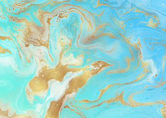 Fototapeta na wymiar Hand painted background for creative design of posters, cards, invitations, banners, websites, wallpapers. Mixed turquoise, blue and golden paints on a canvas. Modern artwork. Trendy artistic style.