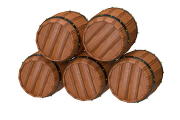 3d render of five wooden barrel with gold rivets isolated over white background