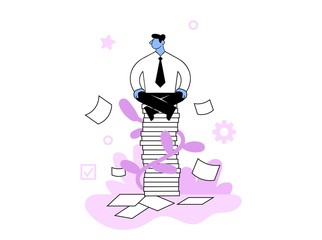 Businessman sitting on a pile of papers. Office routine, paperwork. Business concept flat vector illustration, isolated on white background.