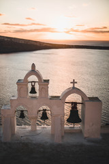 view of whitewashed church caldera in oia Santorini Greece