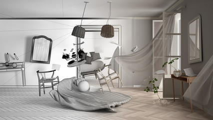 Architect interior designer concept: unfinished project that becomes real, living room, chaos concept with furniture and other accessories flying in the air, explosion, gust of wind