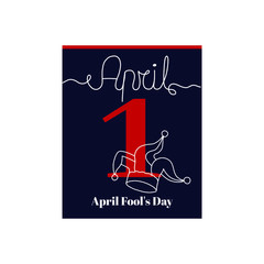 Calendar sheet, vector illustration on the theme of April Fool's Day on April 1th. Decorated with a handwritten inscription  APRIL and stylized linear joker hat symbol of April Fool's Day.