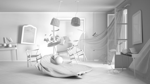 Total white project draft, living room, home chaos concept with chairs and table, windows and curtains, furniture and other accessories flying in the air, explosion, gust of wind