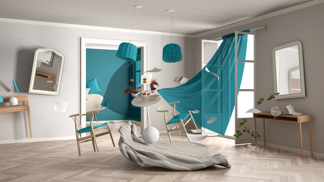 White And Blue Living Room, Home Chaos Concept With Chairs And Table, Windows And Curtains, Broken Vase, Furniture And Other Accessories Flying In The Air, Explosion, Gust Of Wind