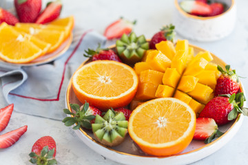 Horizontal shot of a bowl of fresh juicy fruit