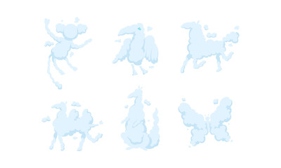 White Clouds in the Shape of Different Animals Collection, Monkey, Bird, Horse, Camel, Kangaroo, Butterfly Vector Illustration