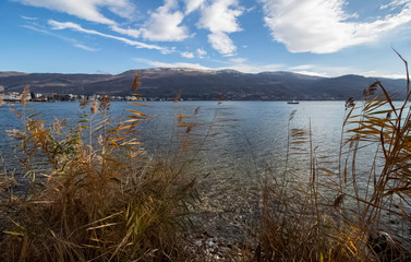A series of lake landscapes. Wind in the reeds. Against the background of water, mountain hills and cloudy sky.  Ohrid Lake, Northern Macedonia.