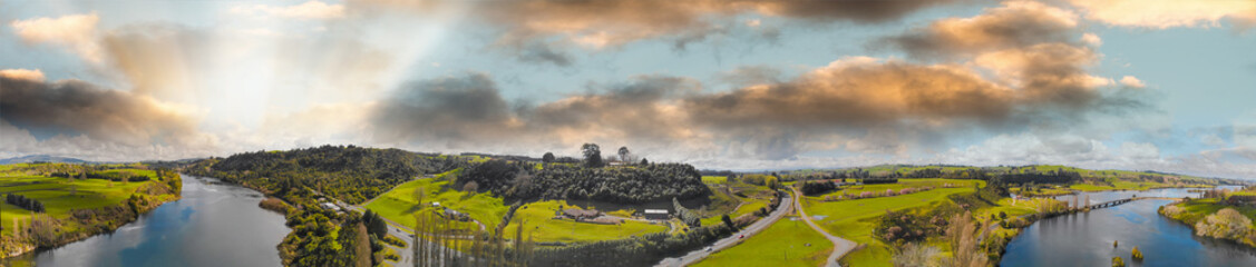 New Zealand river and landscape, panoramic aerial view