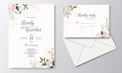 beautiful wedding invitation floral watercolor and green leaves
