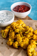 vegetarian snack - cauliflower with spices on Kraft paper with sour cream and tomato sauces on blue background