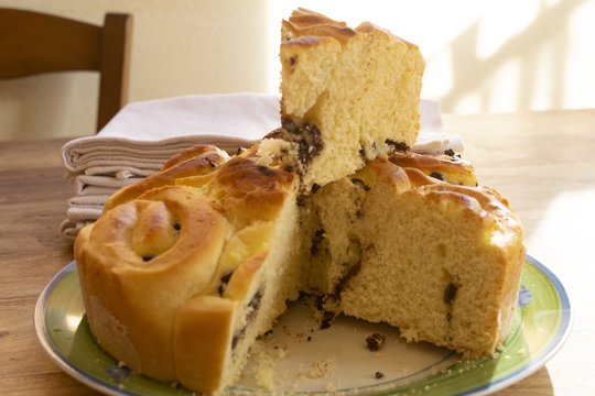 homemade sponge cake with pieces of chocolate