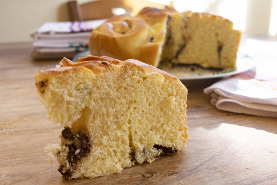 homemade sponge cake with pieces of chocolate