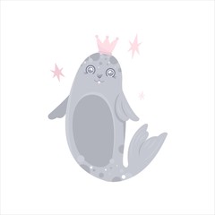 Vector sea animal. Little animal fur seal in crown. Cartoon illustration of marine life objects for your design. Isolated elements for kids book decoration, postcard, educational game, sticker.