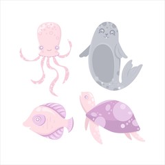 Vector sea animal. Jellyfish, seal fur, fish, turtle Cartoon illustration of marine life objects for your design. Isolated elements for kids book decoration, postcard, educational game, sticker.