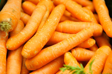 Fresh carrots in the grocery store,carrots are good for health, healthy ripe carrot for preparing meal