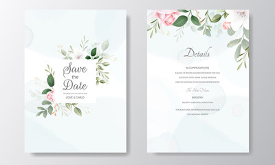 Fototapeta na wymiar beautiful wedding invitation floral watercolor and green leaves