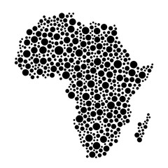Africa continent map from black circles of different diameters or spots, blotches, abstract concept geometric shape. Vector illustration.
