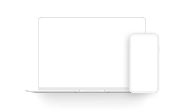 Laptop computer and mobile phone clay mockups isolated on white background. Vector illustration