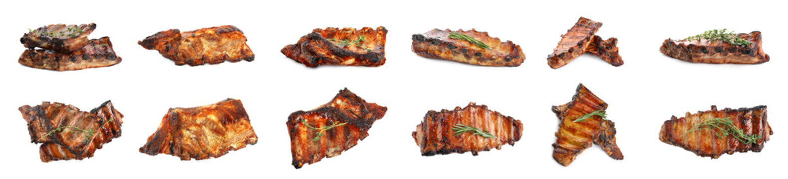 Set of delicious roasted ribs on white background. Banner design