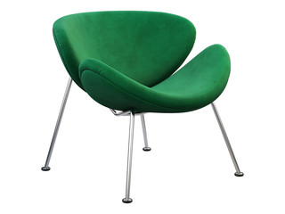 Mid-century green fabric chair with chromium legs. 3d render. - obrazy, fototapety, plakaty