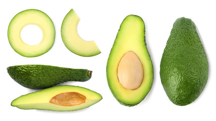Set of delicious fresh avocados on white background