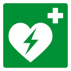 nrs40 NewRescueSign nrs - english - AED, Automated External Defibrillator sign - heart and electricity symbol - simple green template - button - square xxl g9013