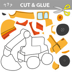 Use scissors and glue and restore the picture inside the contour. Easy educational paper game for kids. Simple kid application with Excavator