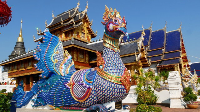 beautiful architecture and Himmapan creatures animal Statues in Wat Banden Blue​ Temple the famous destination in Mae Taeng Chiangmai, Thailand
