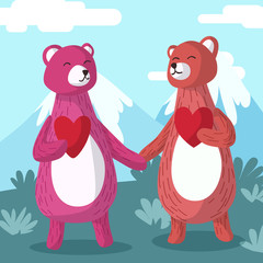 Couple bear holding hands, Greeting card vector illustration, Valentines Day postcard