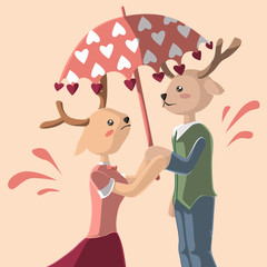 Deer is umbrella for the other deer with love, Greeting card vector illustration, Valentines Day postcard