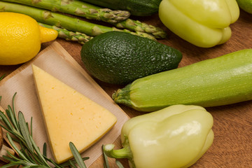 Set of vegetables, seeds, legumes, cheese natural vegetarian source of protein, calcium. Top view.