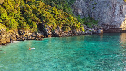 Forest and tropical sea, amazing aerial view from drone. Holiday concept