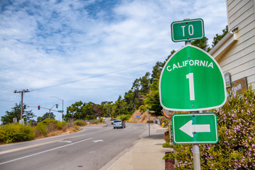 California highway 1 green sign on the street