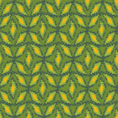 Green and yellow abstract geometric ornament with rough edged shapes seamless vector pattern. Surface print design.