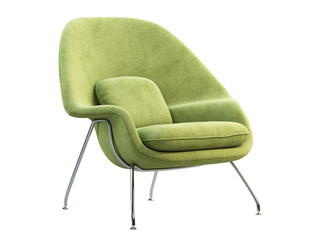 Mid-century light green fabric chair with chromium legs. 3d render.