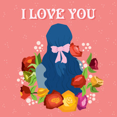 Happy Valentine's Day with girl and blooming spring flowers, Valentines card and poster