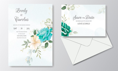 beautiful wedding invitation floral watercolor and green leaves