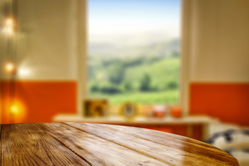 Desk of free space and blurred window sill 