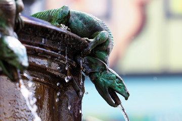 Closeup of green lizard, dragon. Cholerabrunnen or Cholera Fountain, architect Gottfried Semper,...