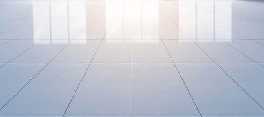 White tile floor background in perspective view. Clean, shiny and symmetry with grid line texture. For decor bathroom, kitchen and laundry room. And empty or copy space for product display. 3d render.