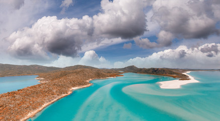 Amazing island in the middle of the ocean. Panoramic view at sunset. Holiday and travel concept
