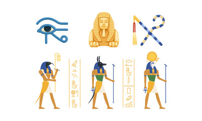 Fototapeta na wymiar Traditional Cultural and Historical Symbols of Egypt Collection, Ancient Egyptian Deities, Eye of Horus, Sphinx Statue, Rod and Whip Vector Illustration