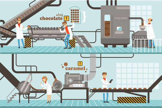 Chocolate and Caramel Factory Production Process Set, Sweets Confectionery Industry Equipment Vector Illustration