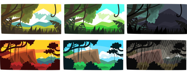 Collection of Beautiful Scene of Nature in Different Time of Day and Weather, Tropical Rainforest Horizontal Backdrops Vector Illustration