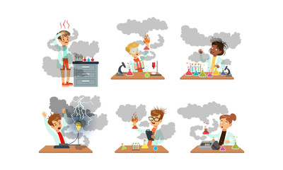 Collection of Boy and Girls Scientist After Failed Chemical and Physics Experiments, Schoolchildren Experimenting in Science Laboratory Vector Illustration